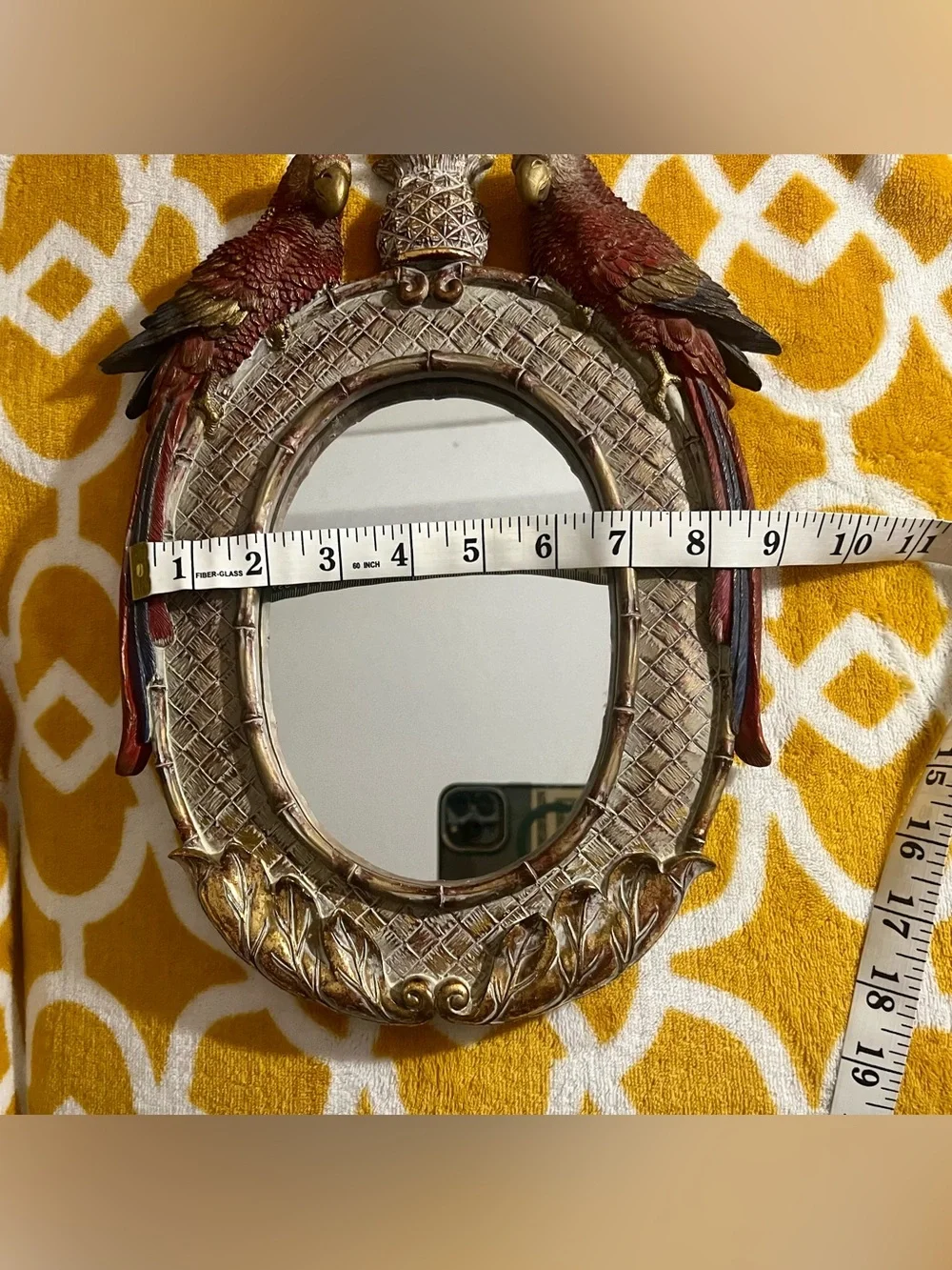 Vintage Oval Framed Parrot Bird Accent Tabletop Mirror 13 in Gold Red Brown